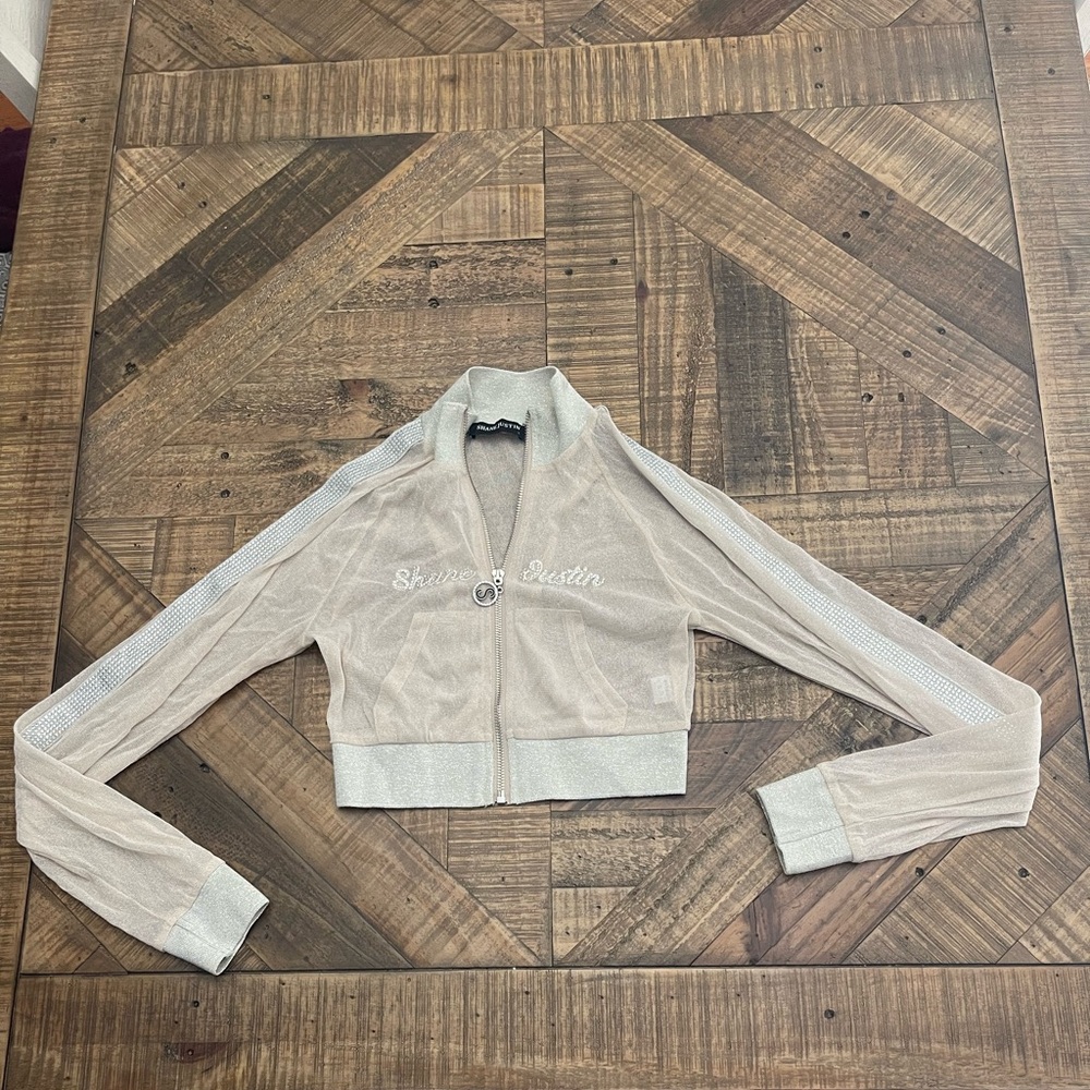 Shane Justin Cream Metallic Sheer Cropped Rhinestone Track Jacket